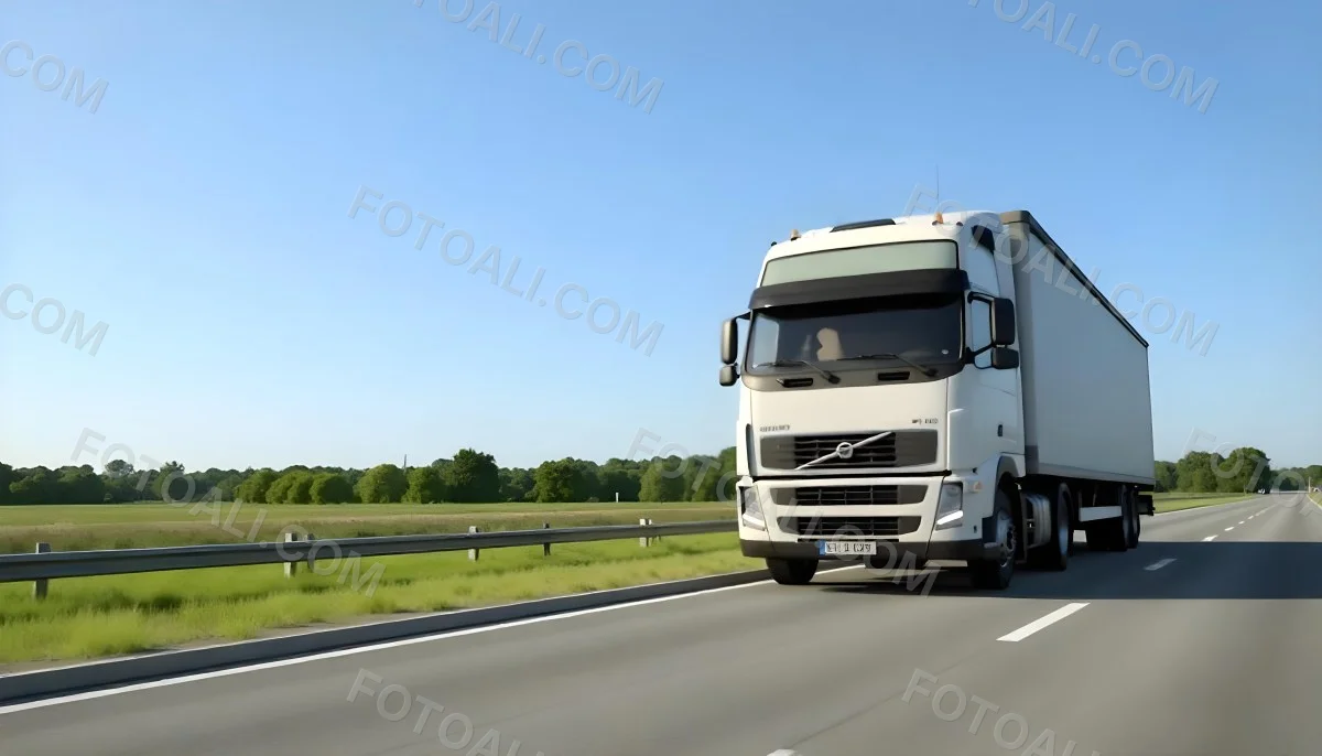White Volvo Truck On The Highway Green Grass And Trees In The Background Clear Blue Sky Sunny Day Highway 13 E8e5