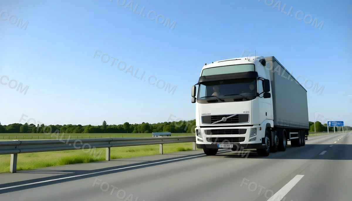 White Volvo Truck On The Highway Green Grass And Trees In The Background Clear Blue Sky Sunny Day Highway 14 B2a1