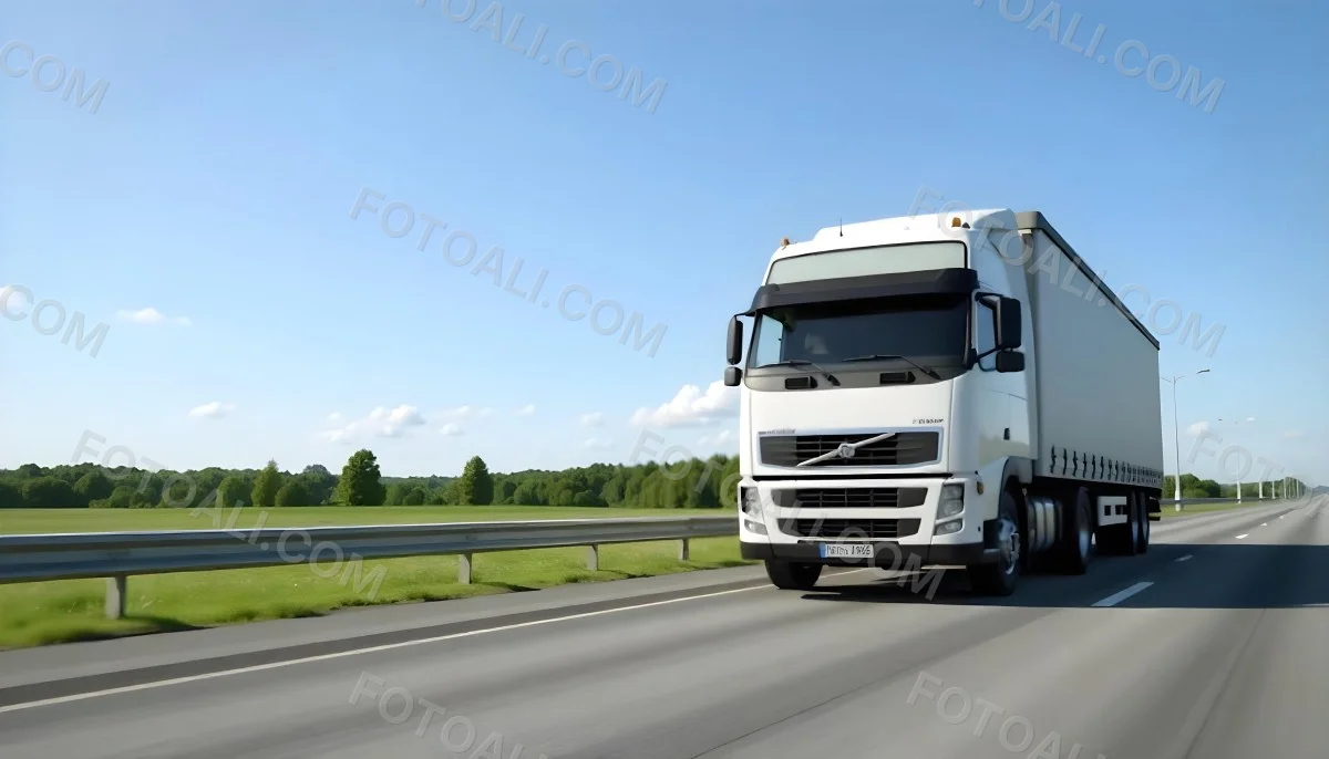 White Volvo Truck On The Highway Green Grass And Trees In The Background Clear Blue Sky Sunny Day Highway 17 8c90