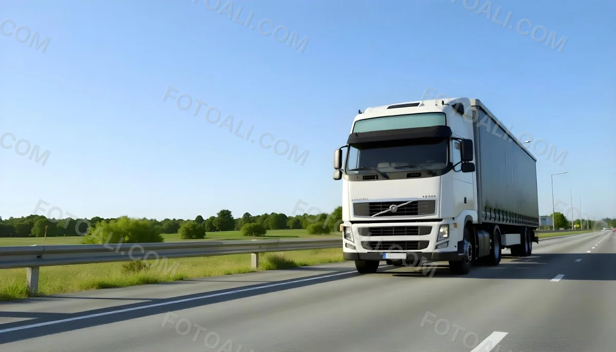White Volvo Truck On The Highway Green Grass And Trees In The Background Clear Blue Sky Sunny Day Highway 18 A88f
