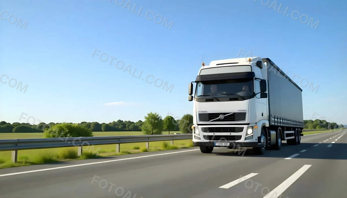 White Volvo Truck On The Highway Green Grass And Trees In The Background Clear Blue Sky Sunny Day Highway 2 3987