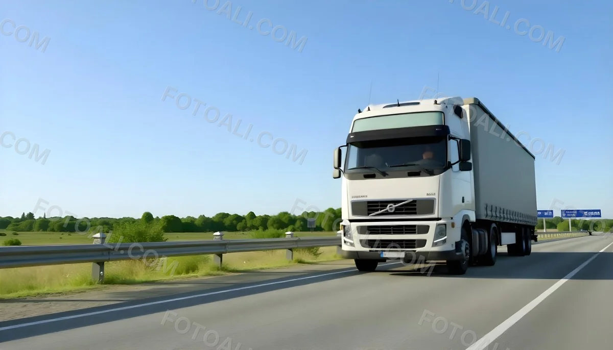 White Volvo Truck On The Highway Green Grass And Trees In The Background Clear Blue Sky Sunny Day Highway 23 Cf7b