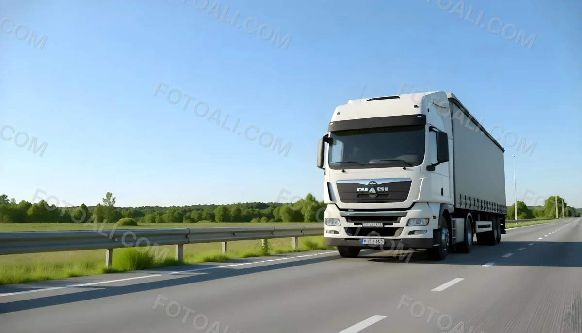 White Volvo Truck On The Highway Green Grass And Trees In The Background Clear Blue Sky Sunny Day Highway 26 B038