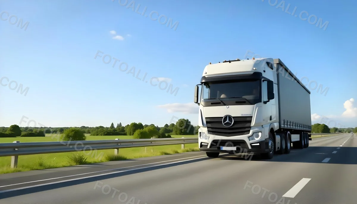 White Volvo Truck On The Highway Green Grass And Trees In The Background Clear Blue Sky Sunny Day Highway 31 8358