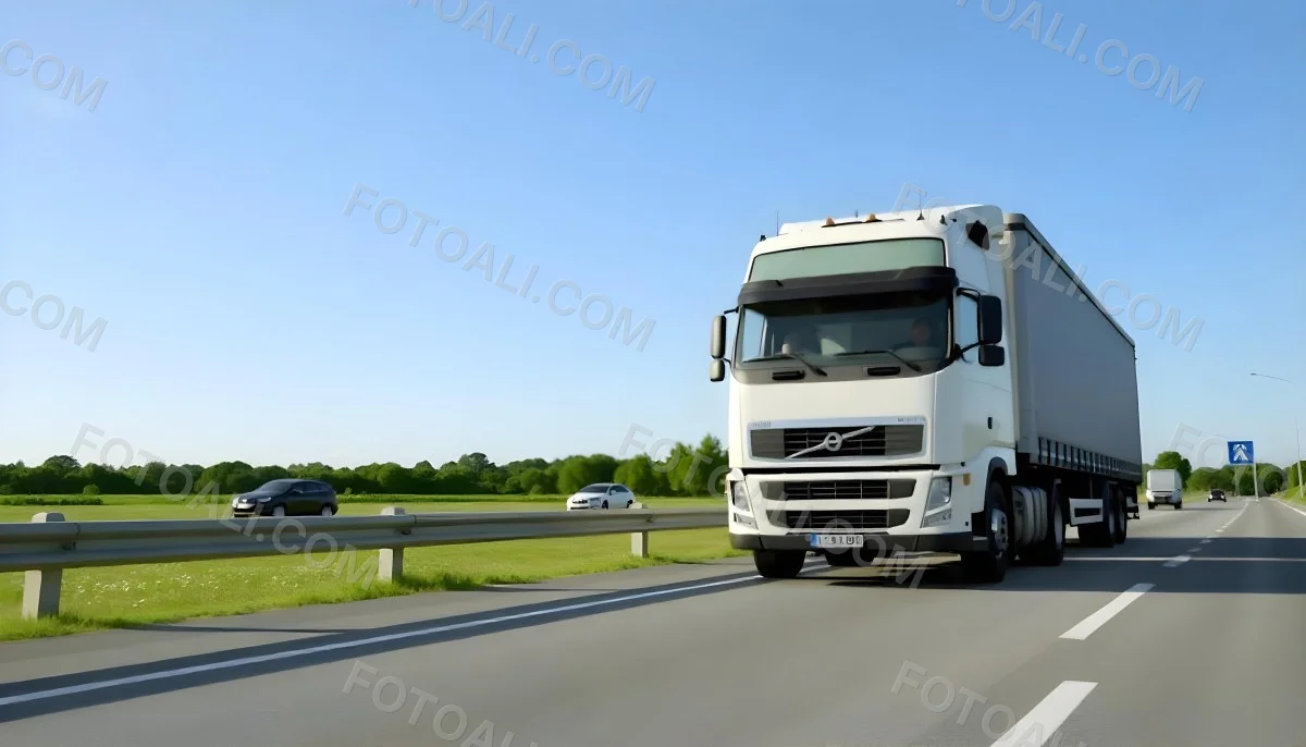 White Volvo Truck On The Highway Green Grass And Trees In The Background Clear Blue Sky Sunny Day Highway 32 9cf3