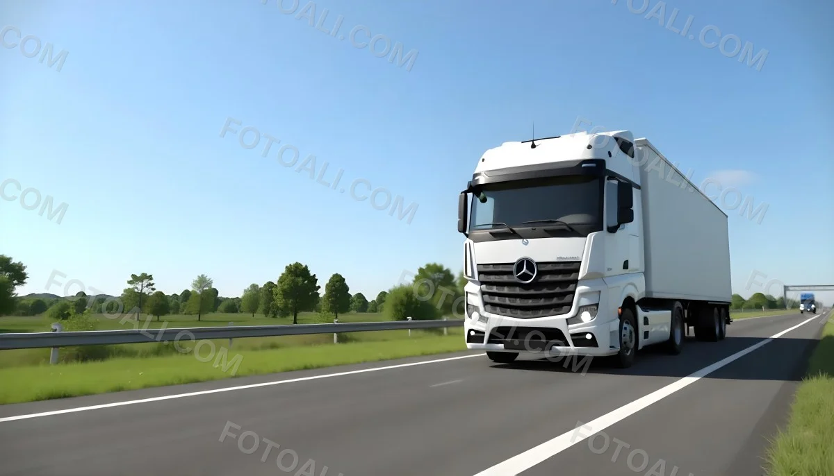White Volvo Truck On The Highway Green Grass And Trees In The Background Clear Blue Sky Sunny Day Highway 4 A150