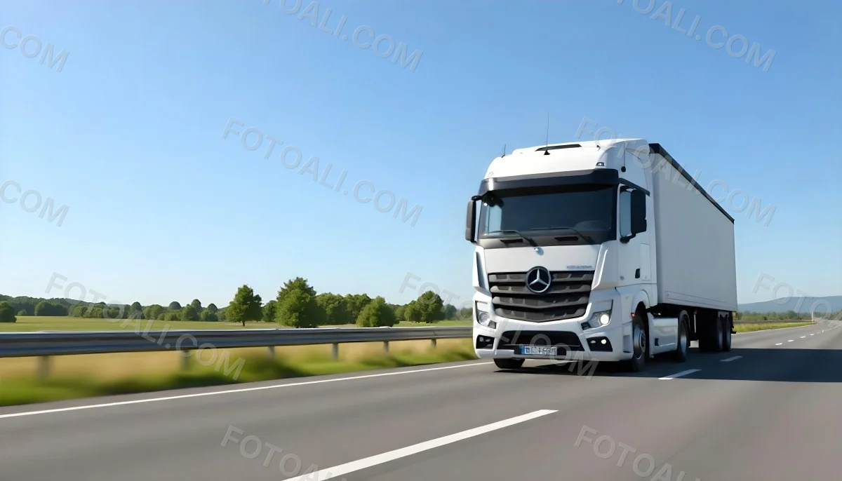 White Volvo Truck On The Highway Green Grass And Trees In The Background Clear Blue Sky Sunny Day Highway 5 F2a5