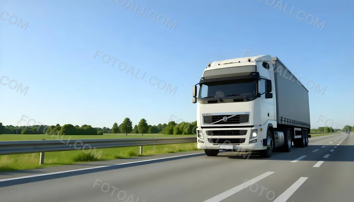 White Volvo Truck On The Highway Green Grass And Trees In The Background Clear Blue Sky Sunny Day Highway 6 1215