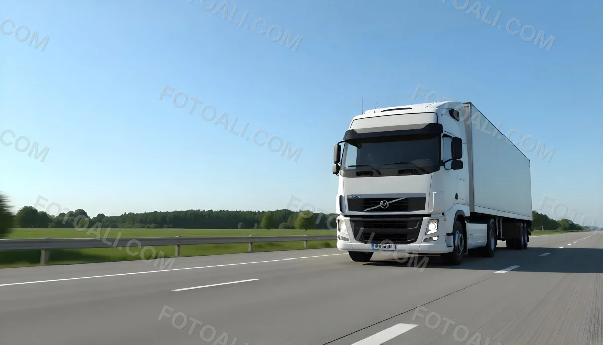 White Volvo Truck On The Highway Green Grass And Trees In The Background Clear Blue Sky Sunny Day Highway 8 D9e8