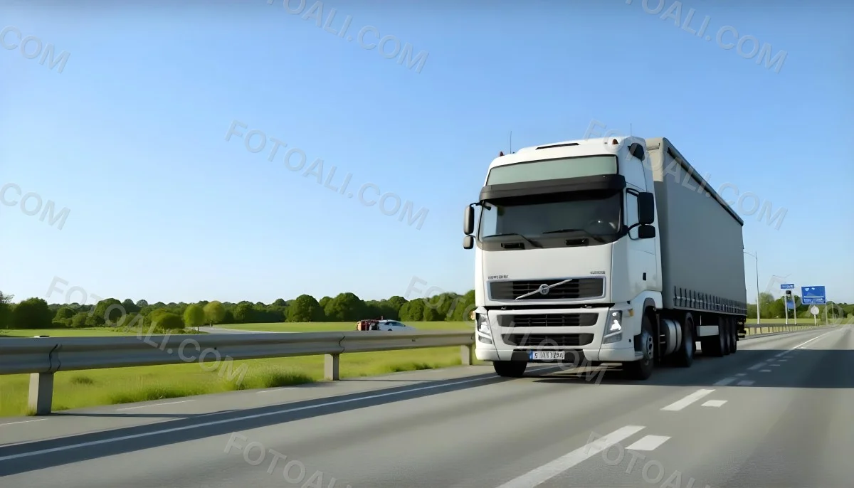 White Volvo Truck On The Highway Green Grass And Trees In The Background Clear Blue Sky Sunny Day Highway 9 De8c