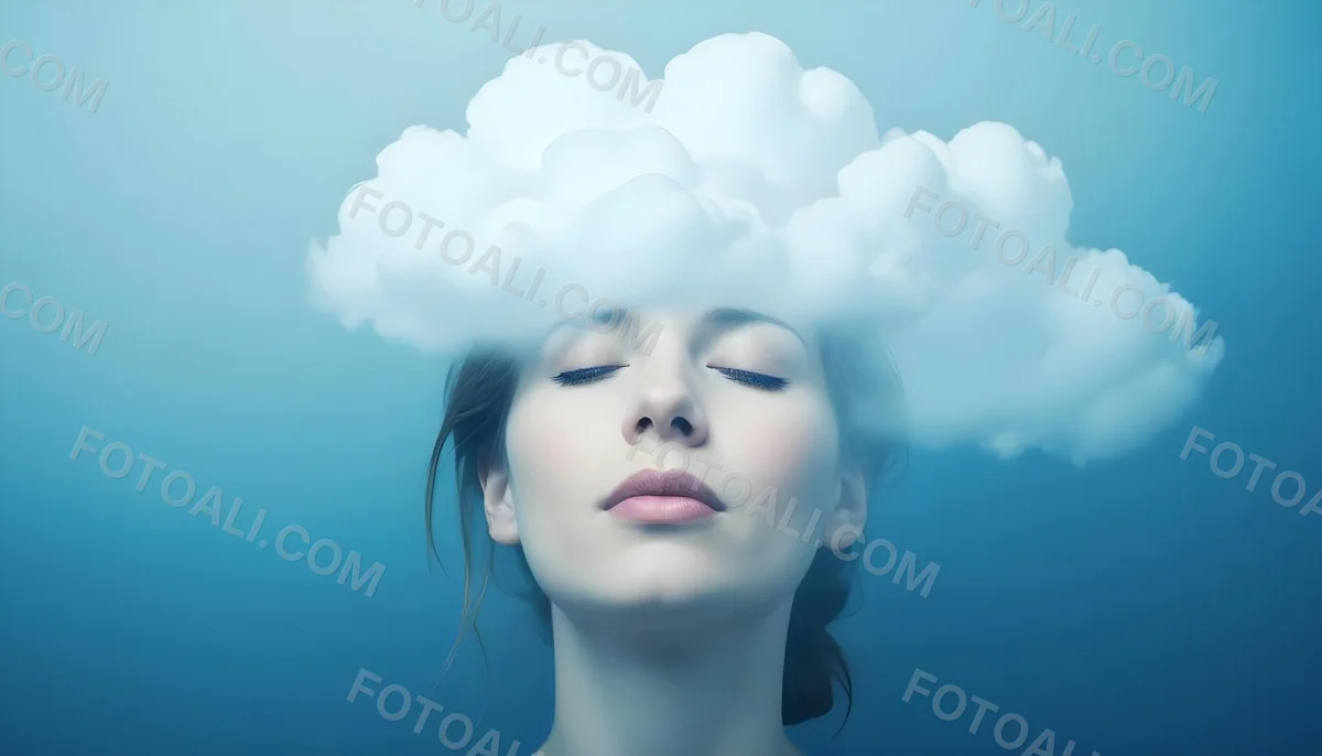 White Woman 25 Years Old With Closed Eyes And A Cloud Above Her Head Blue Background 10 7d8b