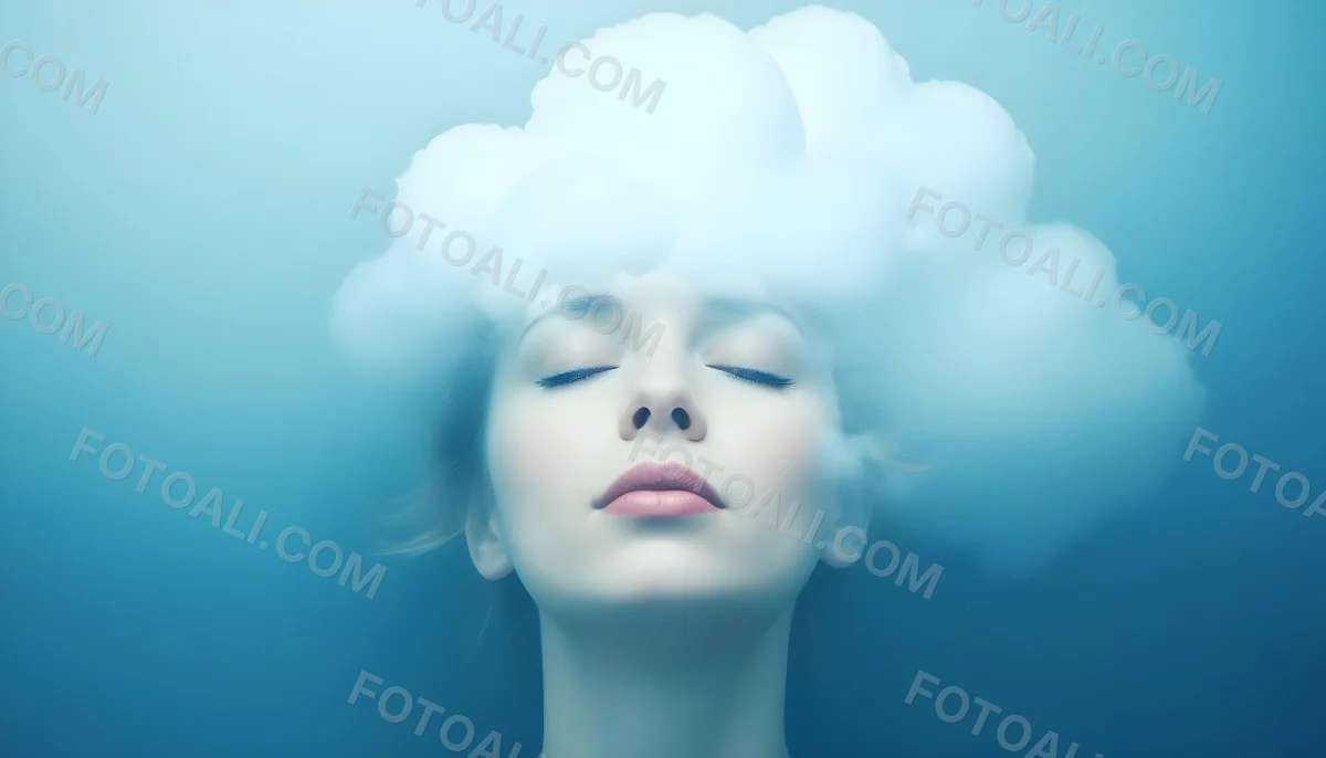 White Woman 25 Years Old With Closed Eyes And A Cloud Above Her Head Blue Background 11 82cf