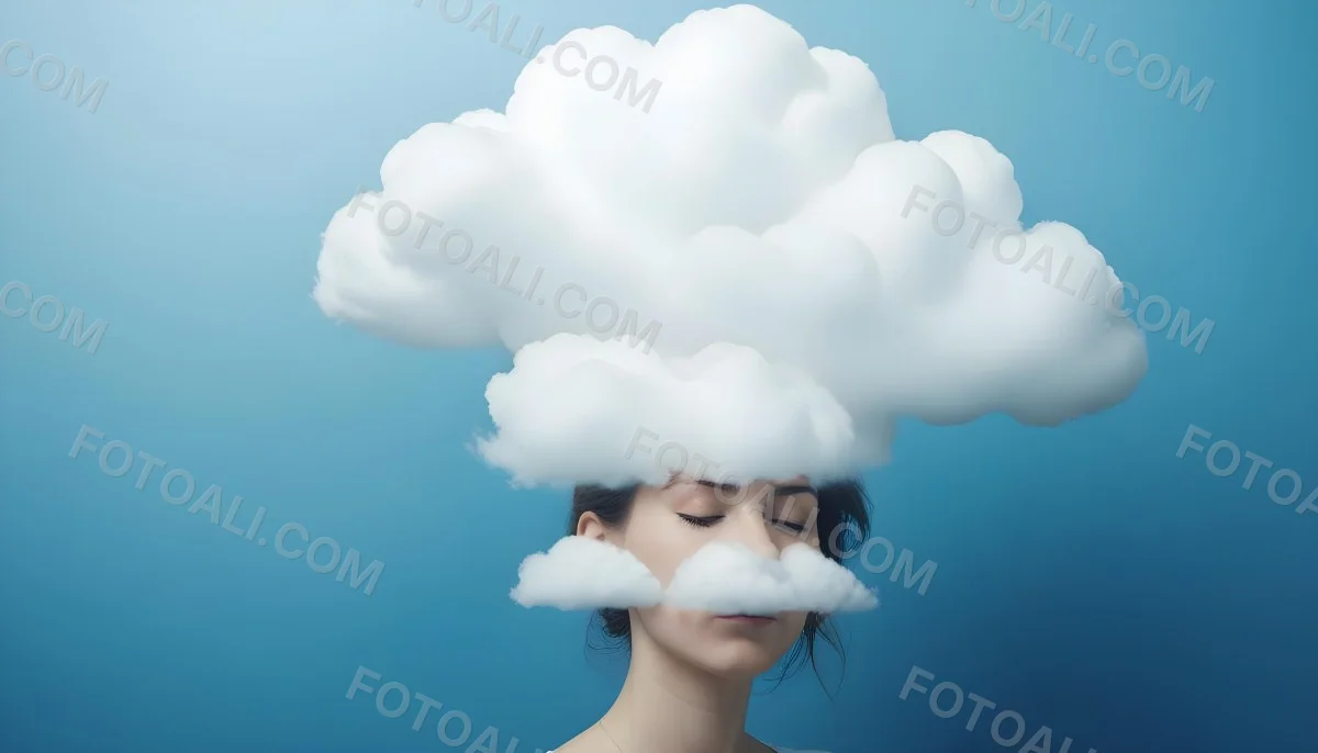 White Woman 25 Years Old With Closed Eyes And A Cloud Above Her Head Blue Background 13 95ce