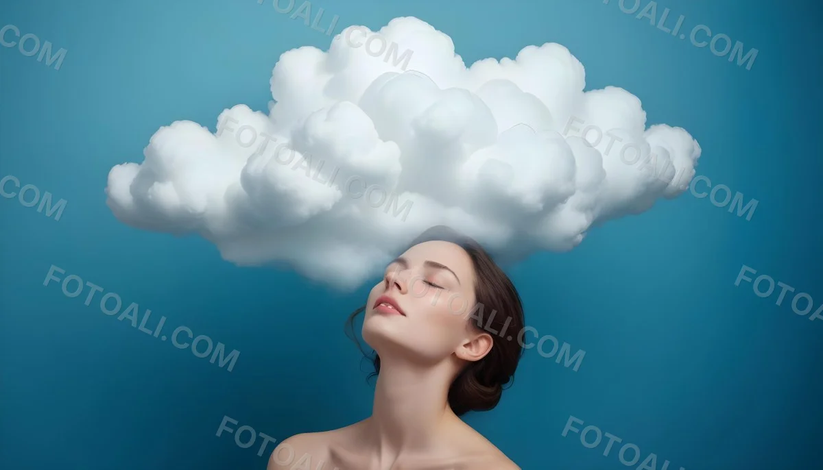 White Woman 25 Years Old With Closed Eyes And A Cloud Above Her Head Blue Background 15 E440