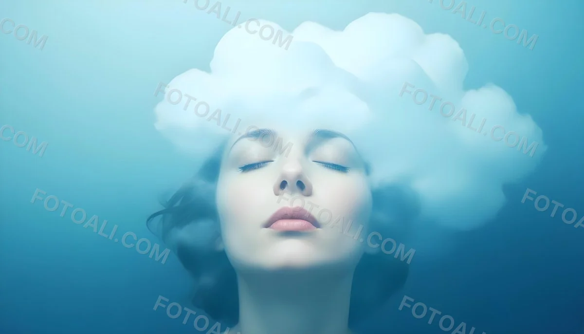 White Woman 25 Years Old With Closed Eyes And A Cloud Above Her Head Blue Background 20 41a8