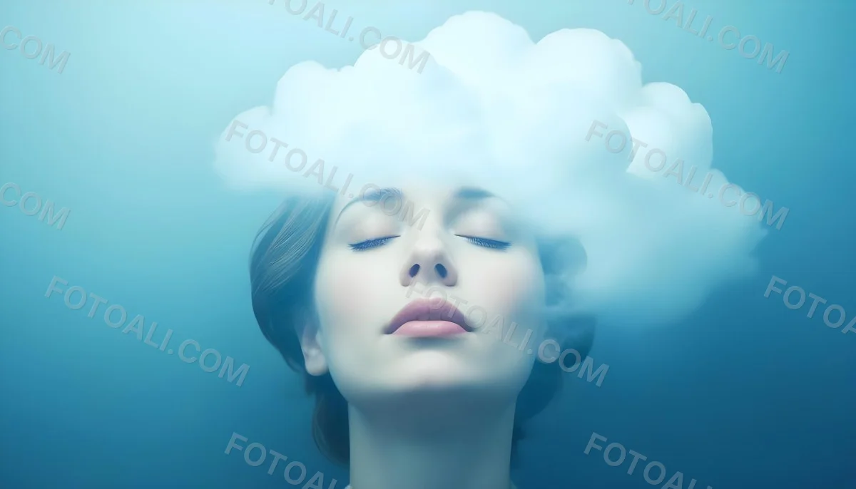 White Woman 25 Years Old With Closed Eyes And A Cloud Above Her Head Blue Background 22 34d6