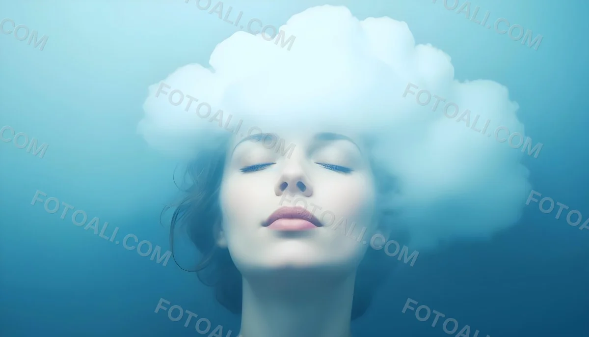 White Woman 25 Years Old With Closed Eyes And A Cloud Above Her Head Blue Background 24 Ed58