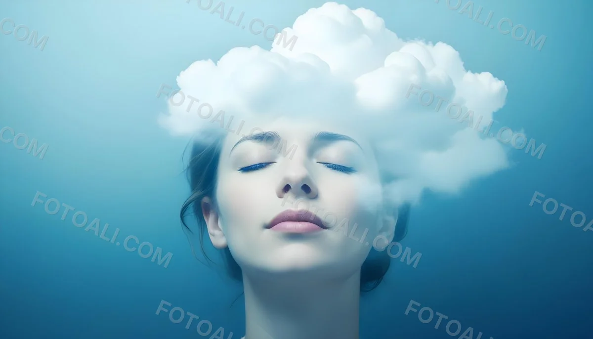 White Woman 25 Years Old With Closed Eyes And A Cloud Above Her Head Blue Background 26 1e31