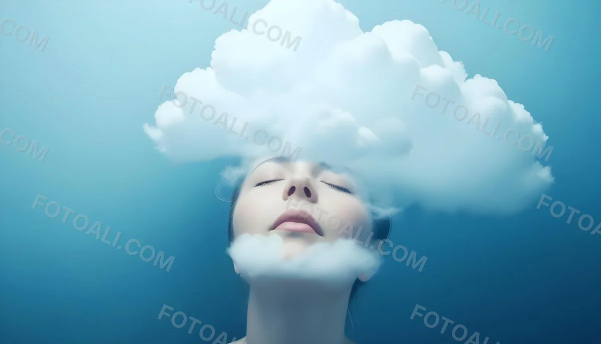 White Woman 25 Years Old With Closed Eyes And A Cloud Above Her Head Blue Background 28 30ee