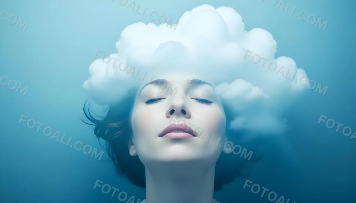 White Woman 25 Years Old With Closed Eyes And A Cloud Above Her Head Blue Background 29 33a2