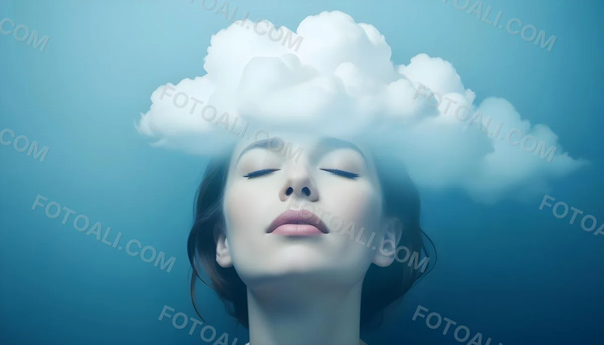 White Woman 25 Years Old With Closed Eyes And A Cloud Above Her Head Blue Background 31 Fdb0