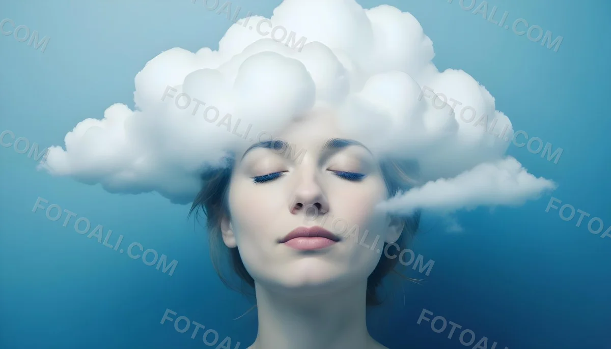 White Woman 25 Years Old With Closed Eyes And A Cloud Above Her Head Blue Background 34 9031