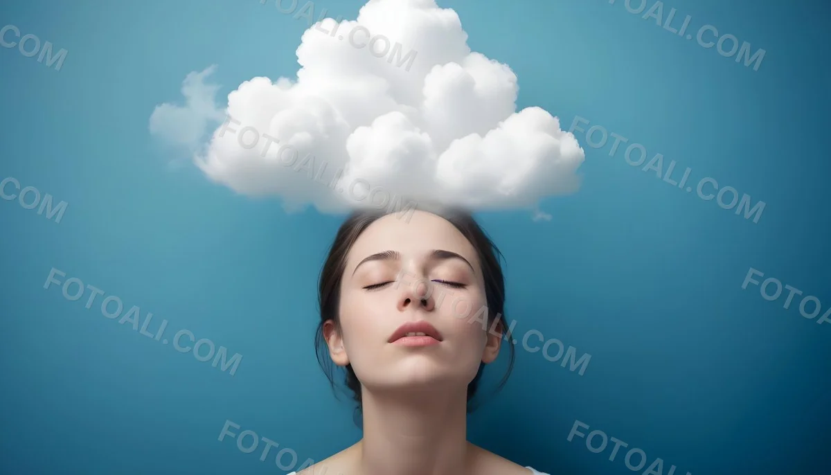 White Woman 25 Years Old With Closed Eyes And A Cloud Above Her Head Blue Background 35 A908