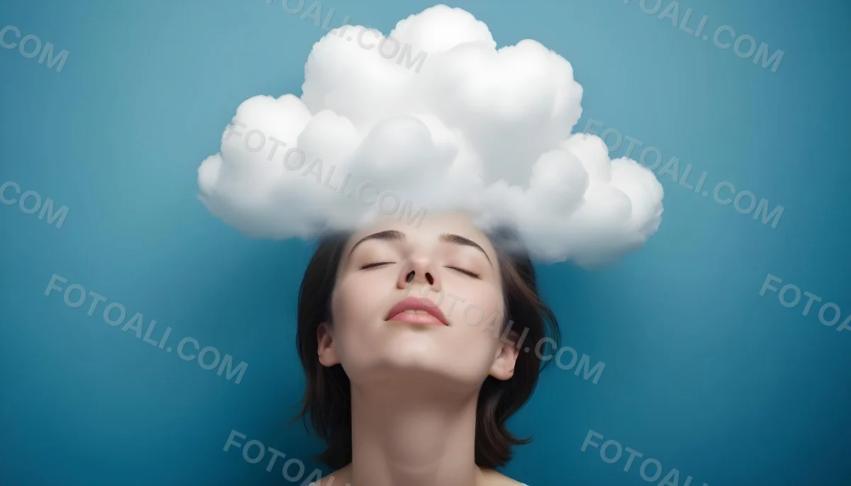 White Woman 25 Years Old With Closed Eyes And A Cloud Above Her Head Blue Background 37 121f
