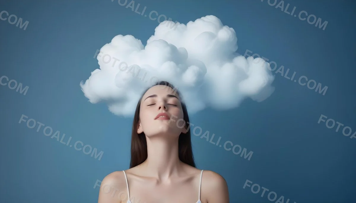 White Woman 25 Years Old With Closed Eyes And A Cloud Above Her Head Blue Background 39 2ea0
