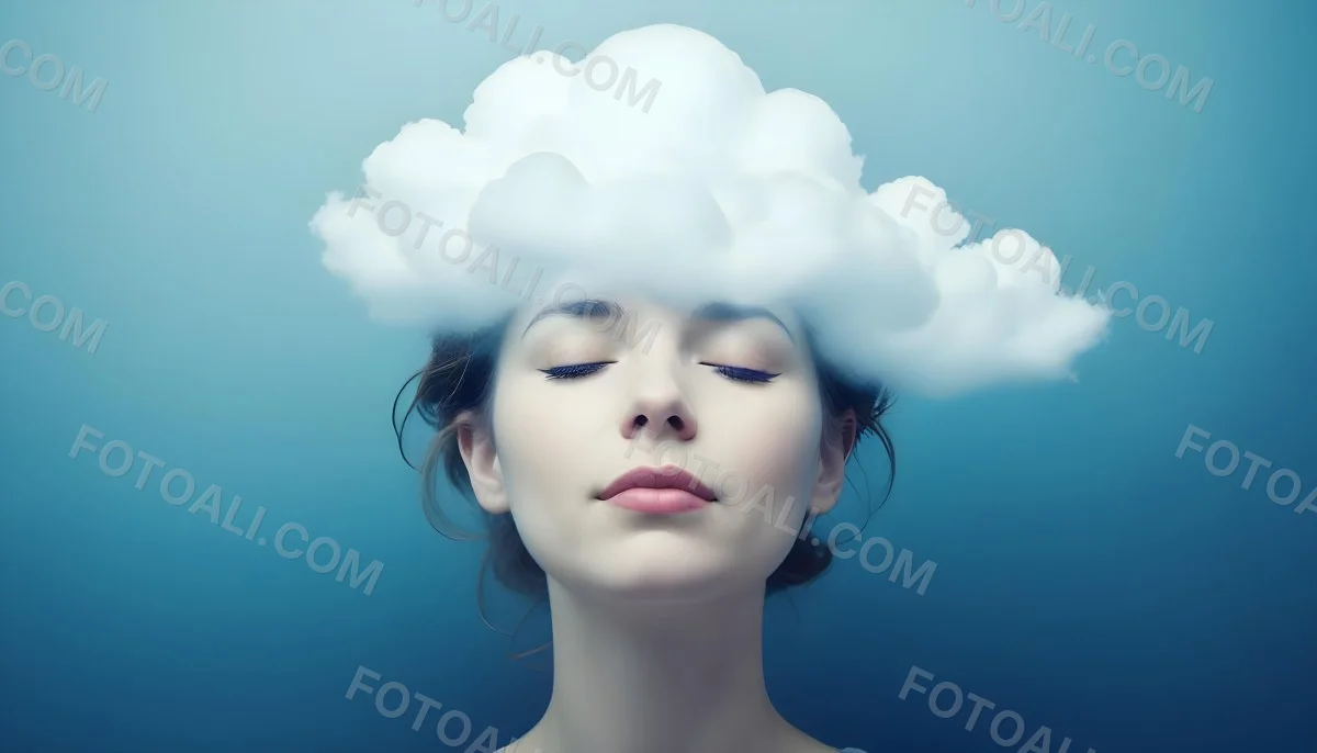 White Woman 25 Years Old With Closed Eyes And A Cloud Above Her Head Blue Background 4 1f15