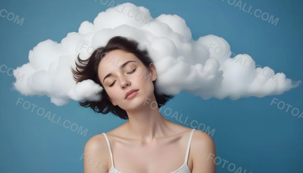 White Woman 25 Years Old With Closed Eyes And A Cloud Above Her Head Blue Background 41 6f39