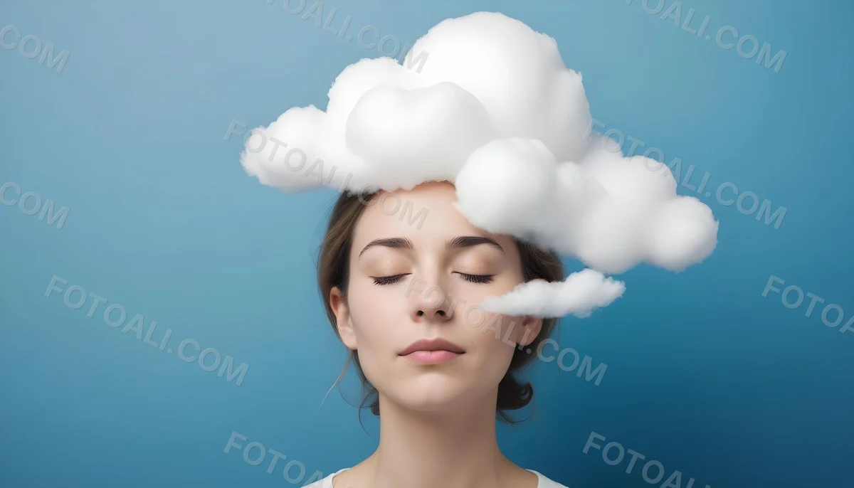 White Woman 25 Years Old With Closed Eyes And A Cloud Above Her Head Blue Background 42 Dc2d