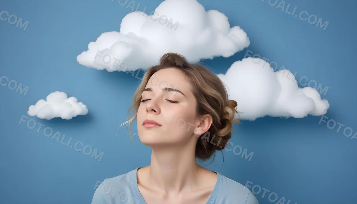 White Woman 25 Years Old With Closed Eyes And A Cloud Above Her Head Blue Background 43 Dc46