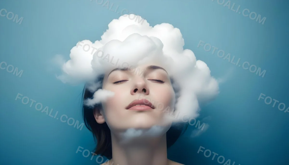 White Woman 25 Years Old With Closed Eyes And A Cloud Above Her Head Blue Background 44 D77f