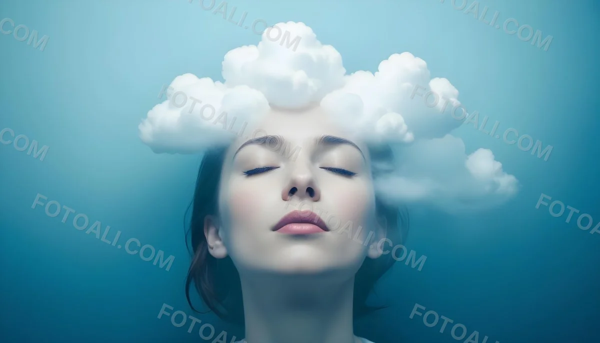 White Woman 25 Years Old With Closed Eyes And A Cloud Above Her Head Blue Background 45 6358