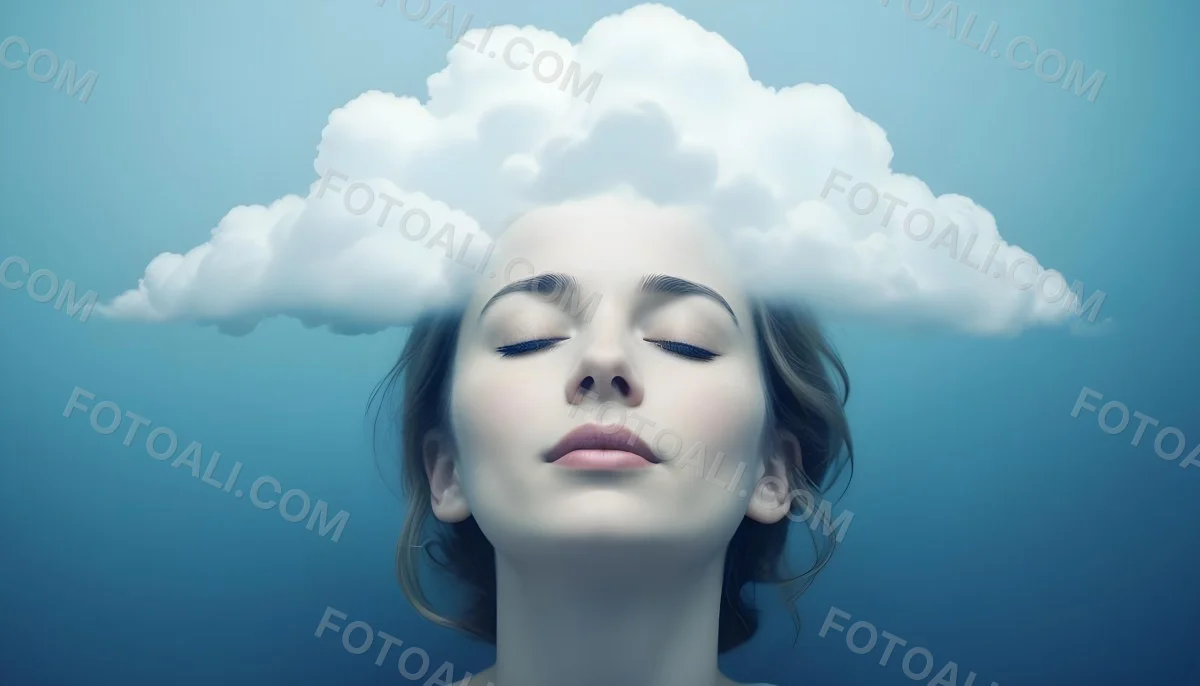 White Woman 25 Years Old With Closed Eyes And A Cloud Above Her Head Blue Background 46 001c