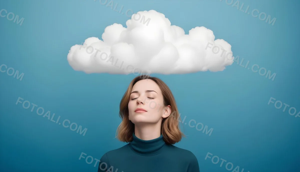 White Woman 25 Years Old With Closed Eyes And A Cloud Above Her Head Blue Background 47 Da74