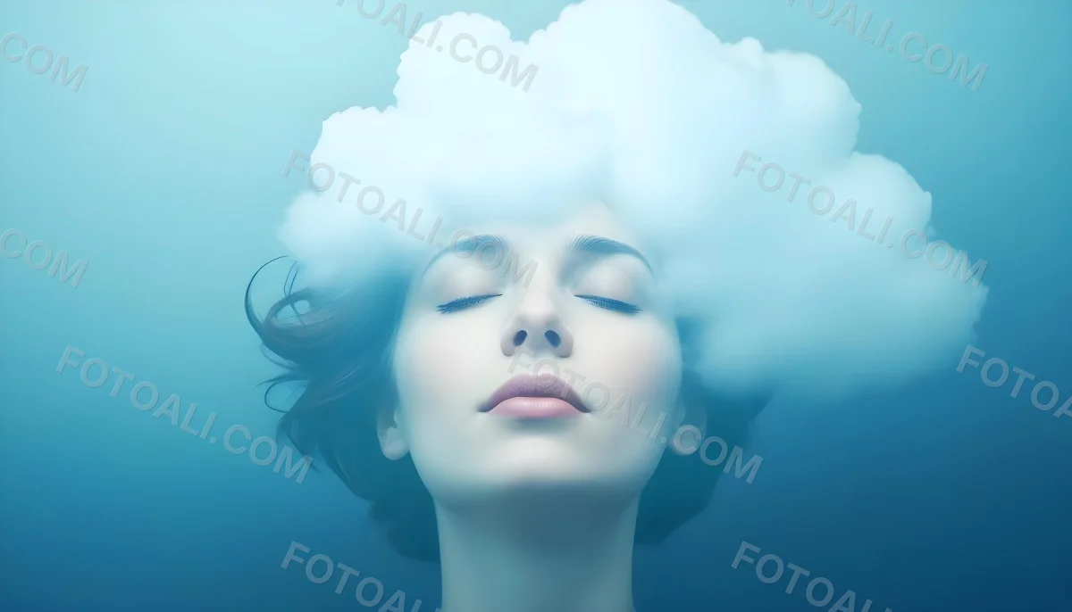 White Woman 25 Years Old With Closed Eyes And A Cloud Above Her Head Blue Background 48 6460