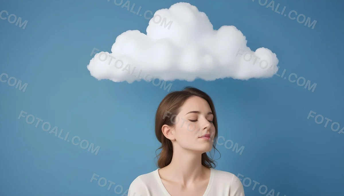 White Woman 25 Years Old With Closed Eyes And A Cloud Above Her Head Blue Background 5 223e