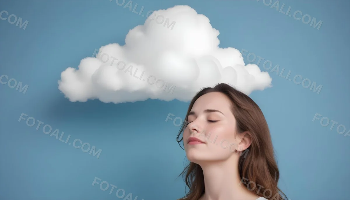 White Woman 25 Years Old With Closed Eyes And A Cloud Above Her Head Blue Background 6 C2fc