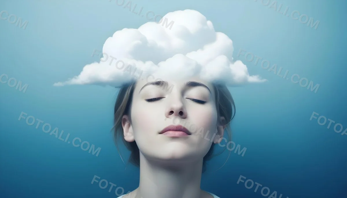 White Woman 25 Years Old With Closed Eyes And A Cloud Above Her Head Blue Background 8 0230