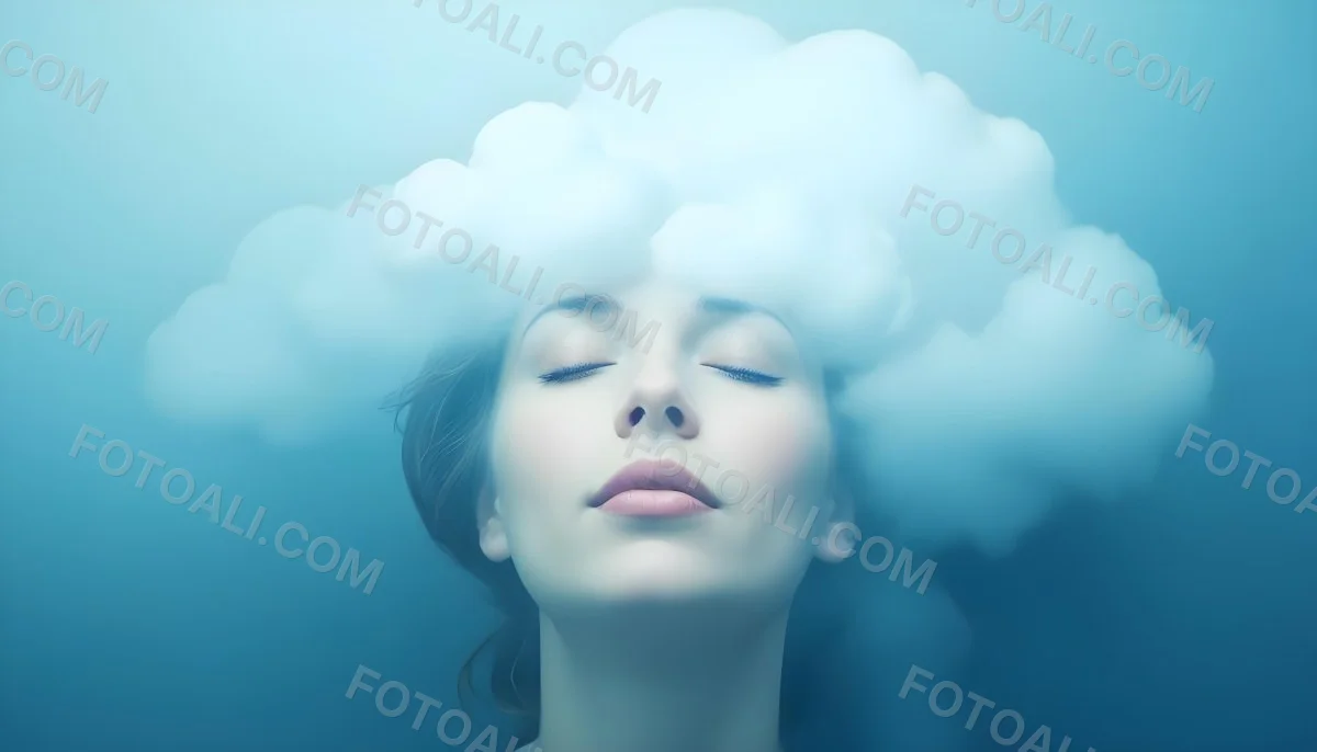 White Woman 25 Years Old With Closed Eyes And A Cloud Above Her Head Blue Background 9 62f7