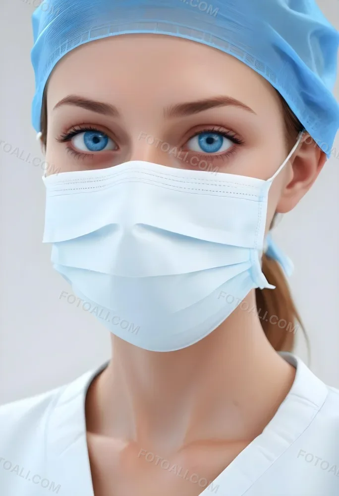 White Woman Age 30 With Blue Eyes Wearing A Surgical Mask And Cap In A Sterile Environment 5 E60b