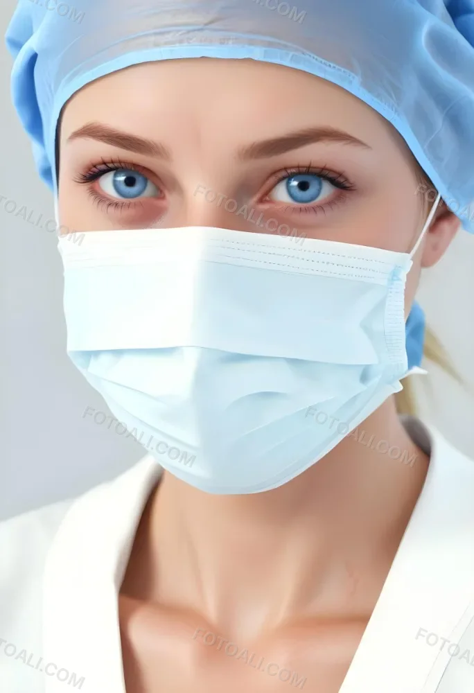 White Woman Age 30 With Blue Eyes Wearing A Surgical Mask And Cap In A Sterile Environment 6 28a2