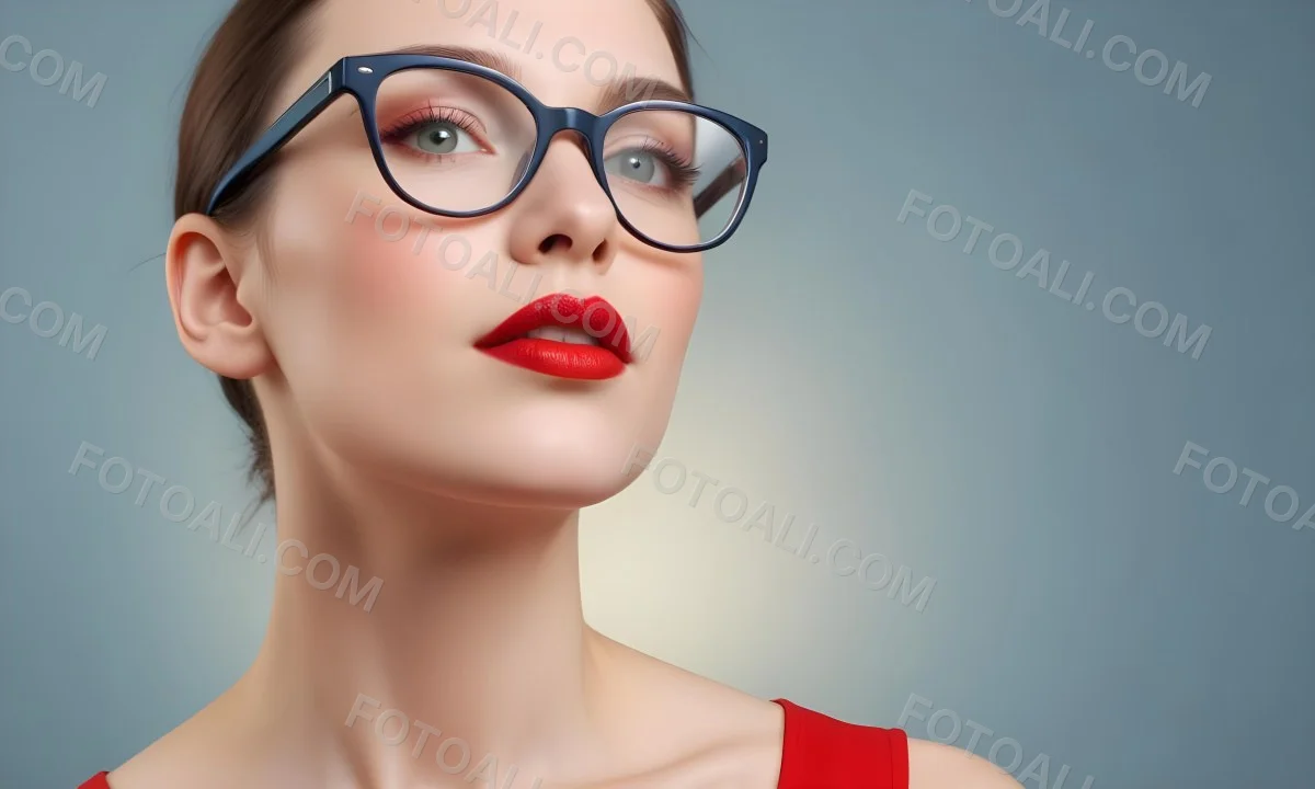 White Woman With Fair Skin 30 Years Old With Red Lips And Red Glasses In A Studio 10 6601