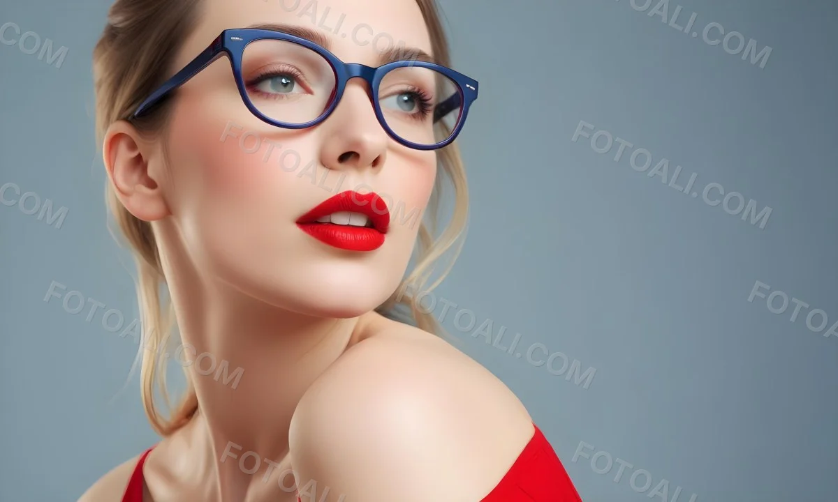 White Woman With Fair Skin 30 Years Old With Red Lips And Red Glasses In A Studio 15 0c20