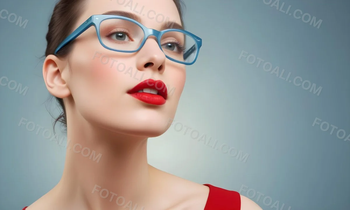 White Woman With Fair Skin 30 Years Old With Red Lips And Red Glasses In A Studio 16 1277