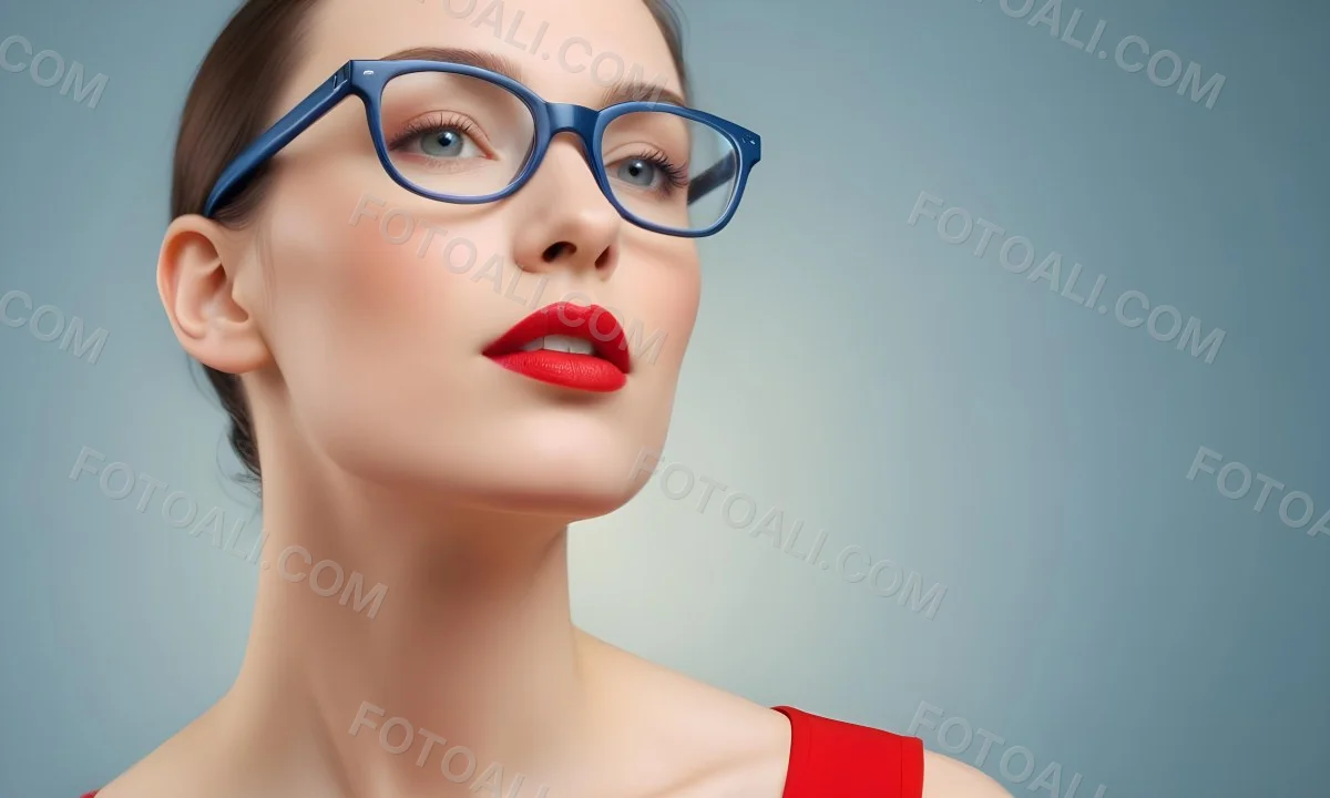 White Woman With Fair Skin 30 Years Old With Red Lips And Red Glasses In A Studio 17 C5a1