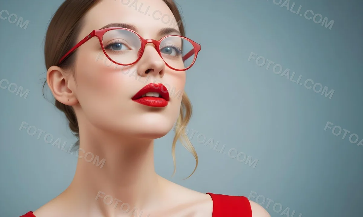 White Woman With Fair Skin 30 Years Old With Red Lips And Red Glasses In A Studio 18 D98a