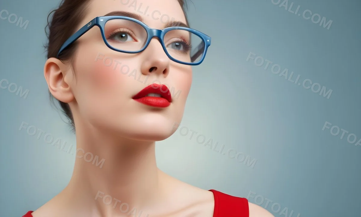 White Woman With Fair Skin 30 Years Old With Red Lips And Red Glasses In A Studio 19 0bde